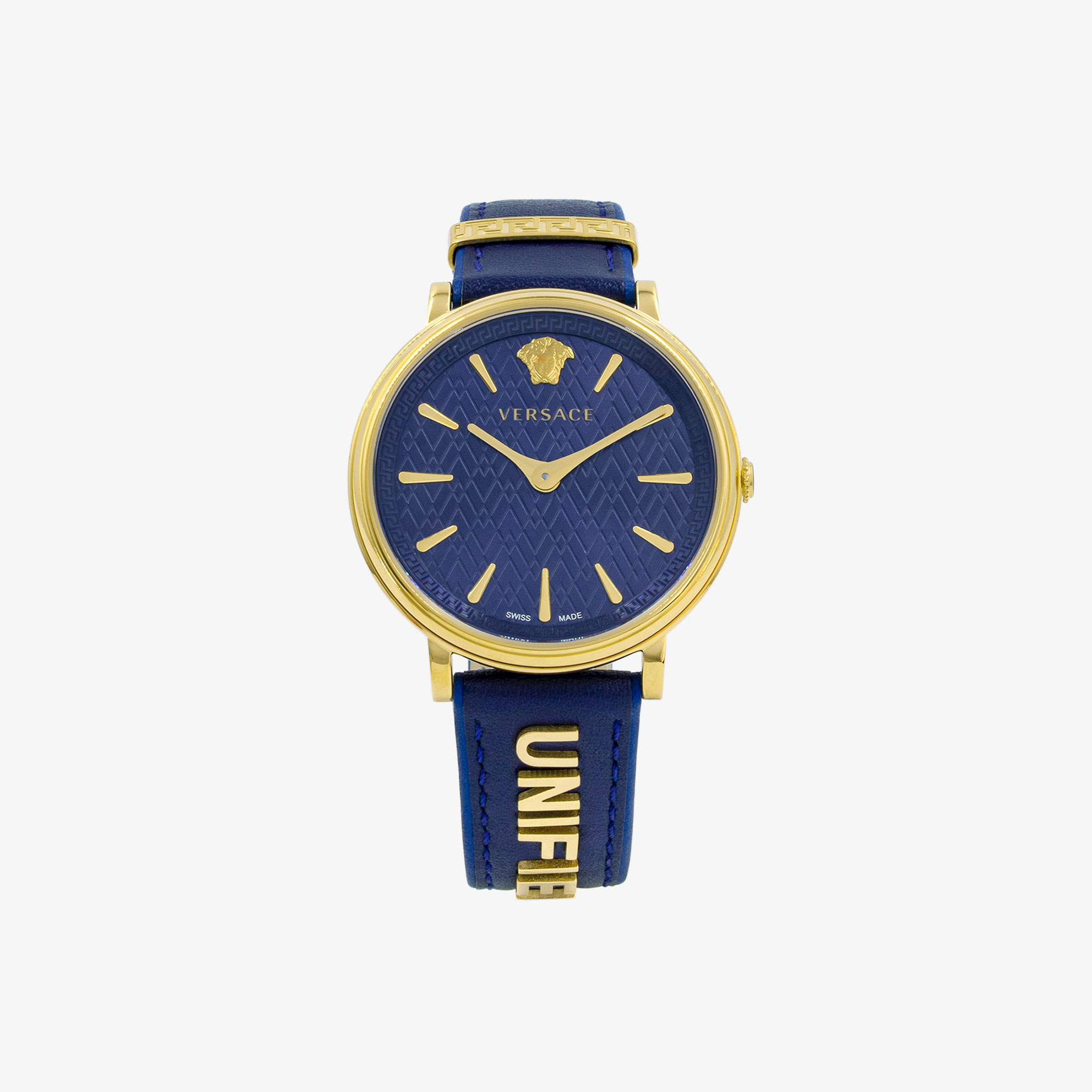 VERSACE V-CIRCLE WATCH WITH BLUE LEATHER STRAP