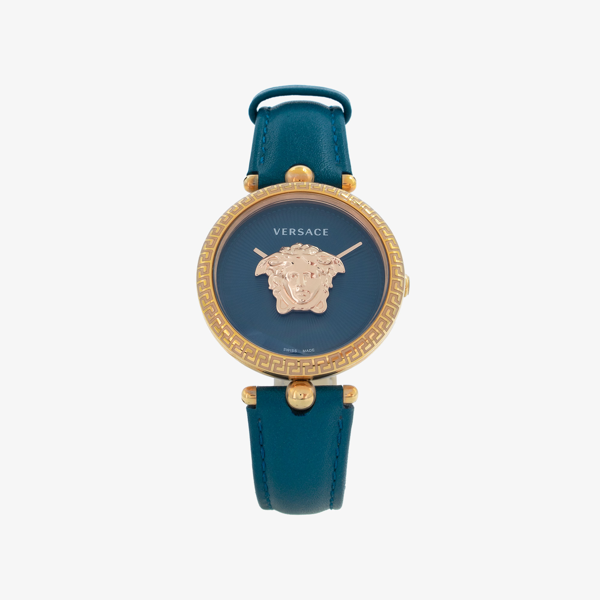 VERSACE PALAZZO EMPIRE ROSE GOLD WATCH WITH PETROL LEATHER STRAP