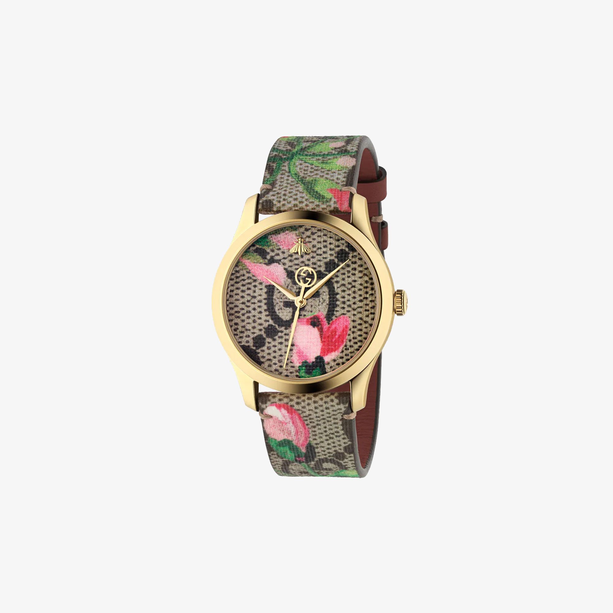 GUCCI LADIES G-TIMELESS GOLD PLATED FLOWER MOTIF LEATHER STRAP WATCH