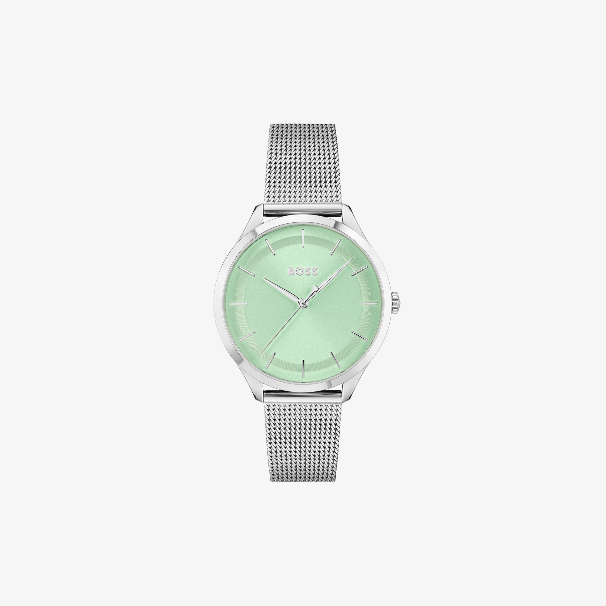 HUGO BOSS SILVER-TONE WATCH WITH MESH BRACELET AND GREEN DIAL