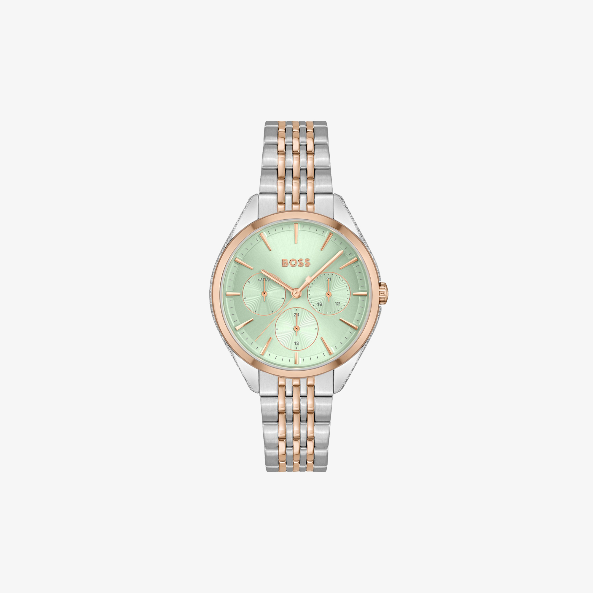 HUGO BOSS TWO-TONE WATCH WITH GREEN DIAL AND CRYSTAL STUDS