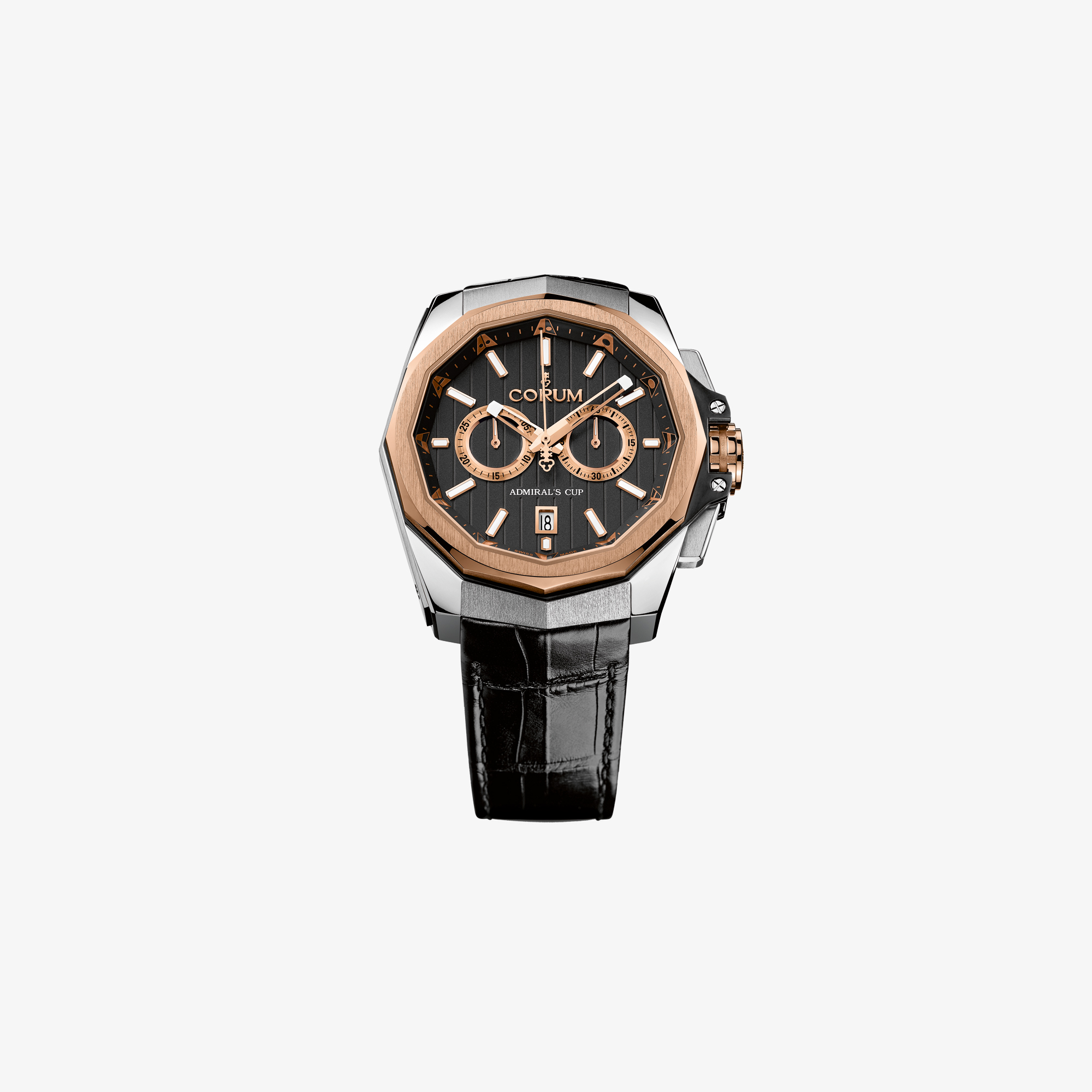 CORUM ADMIRALS CUP AC ONE 45MM BLACK CHRONOGRAPH WITH PINK GOLD BEZEL